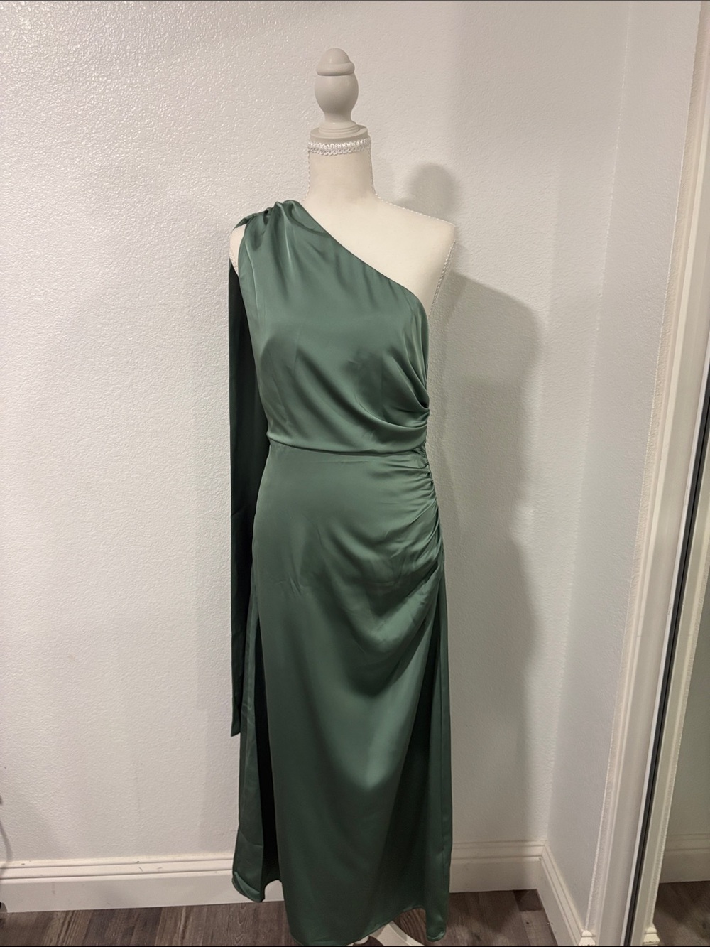 RIHOAS One-Shoulder Sage Green Satin Gown